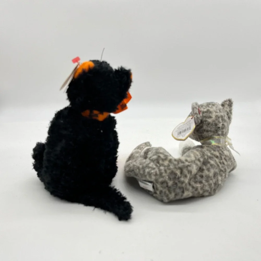 Ty Beanie Baby Cat Lot Fraidy Black Halloween Cat and Purr Grey Tabby‎ Plush 2pc